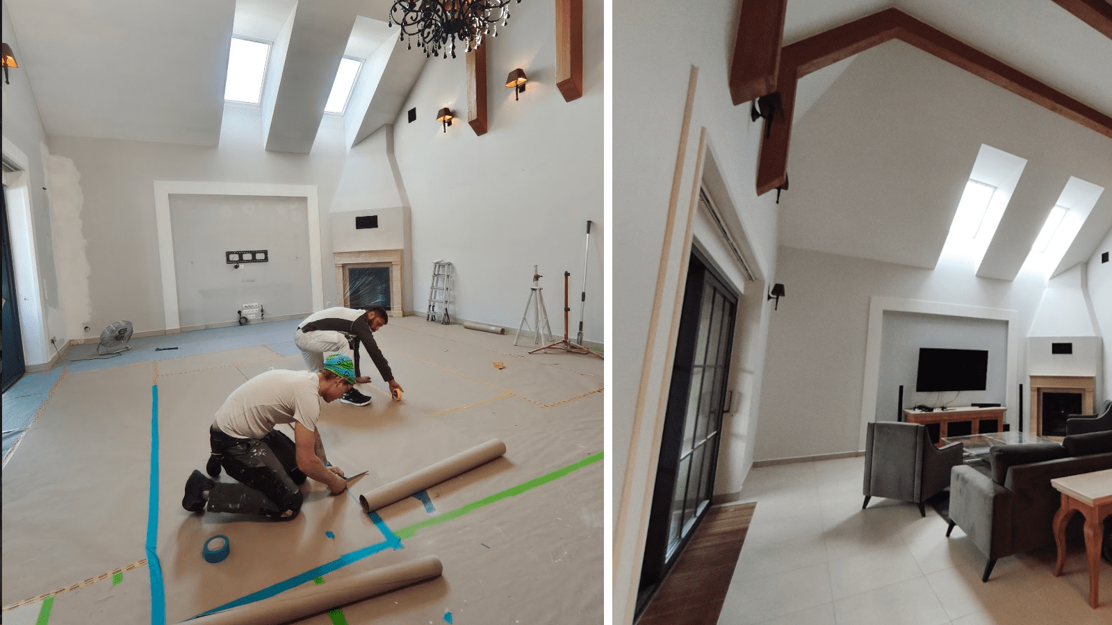 Malowanie domu w Baranowie pod Poznaniem — salon, kuchnia i pasy na ścianach